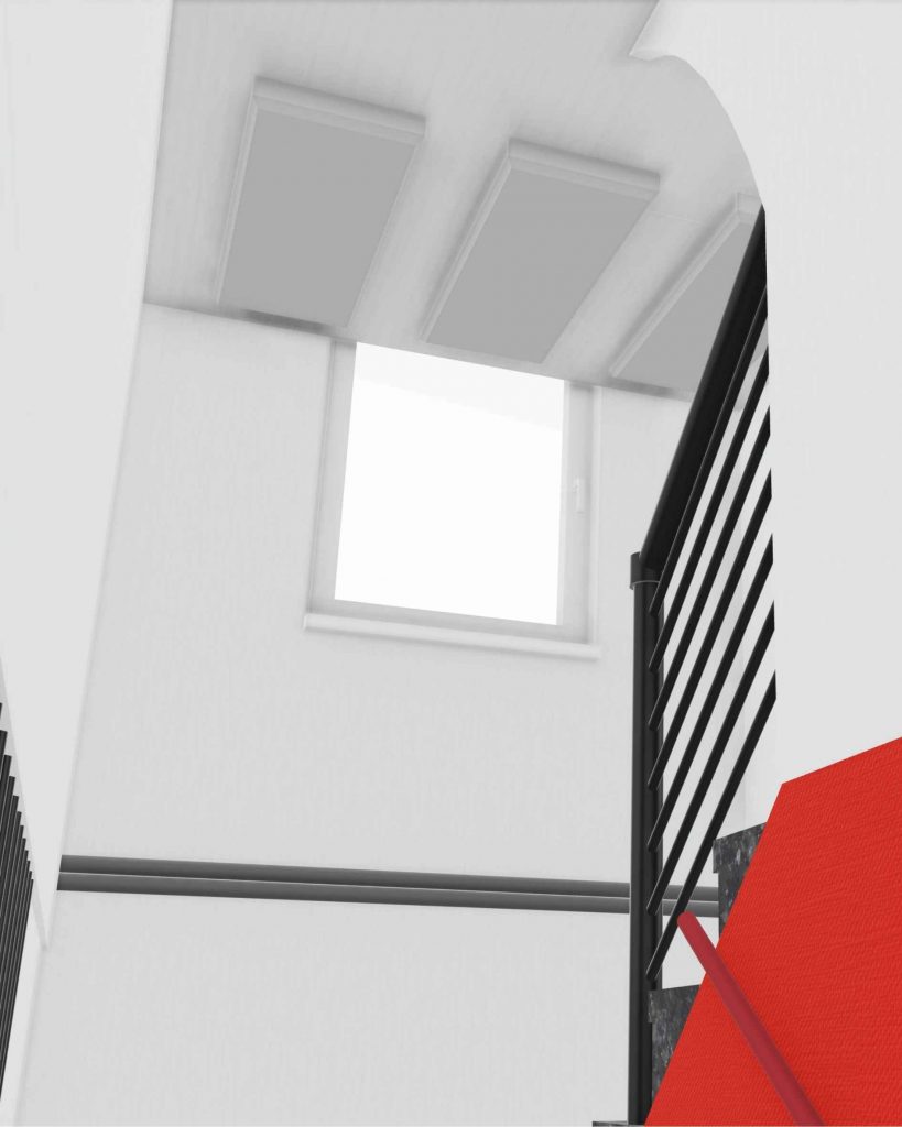 Planungsdarstellung der Deckenpaneele zur akustischen Optimierung eines offenen Hausflurs