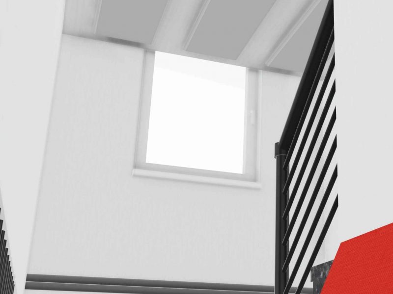 Planungsdarstellung der Deckenpaneele zur akustischen Optimierung eines offenen Hausflurs